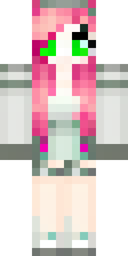 Скин Майнкрафт: A girl with long light pink hair, green eyes, and pale skin, wearin…