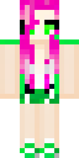Скин Майнкрафт: A girl with long light pink hair, green eyes, and pale skin, wearin…
