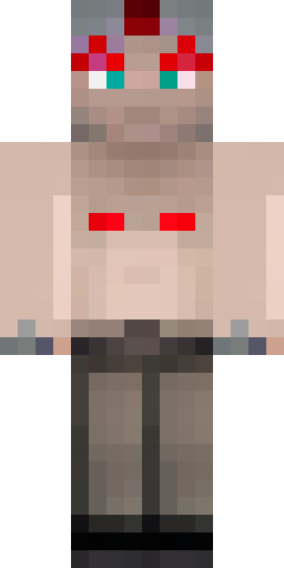 Скин Майнкрафт: A man with tousled black hair, two bright red horns, and large gray…