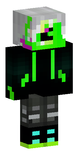 Скин Майнкрафт: Anime boy with messy white hair, glowing neon green eyes, wearing a…