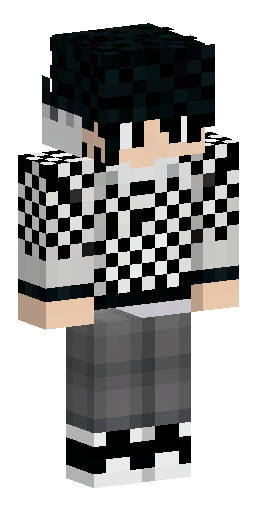 Checkered pants, black and white; a gray‑and‑white sweater with a black pattern; a messy… Скин Майнкрафт: Checkered pants, black and white; a gray‑and‑white sweater with a black pattern; a messy…