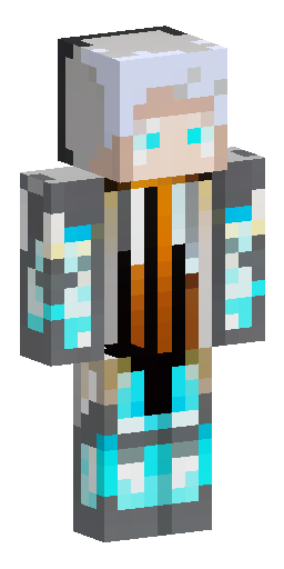 Скин Майнкрафт: Male character, white hair, prismatic glowing cyan eyes. Wearing a…
